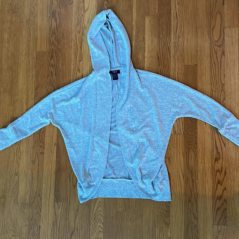 Light gray soft hooded classic cardigan. No buttons or zipper. EUC